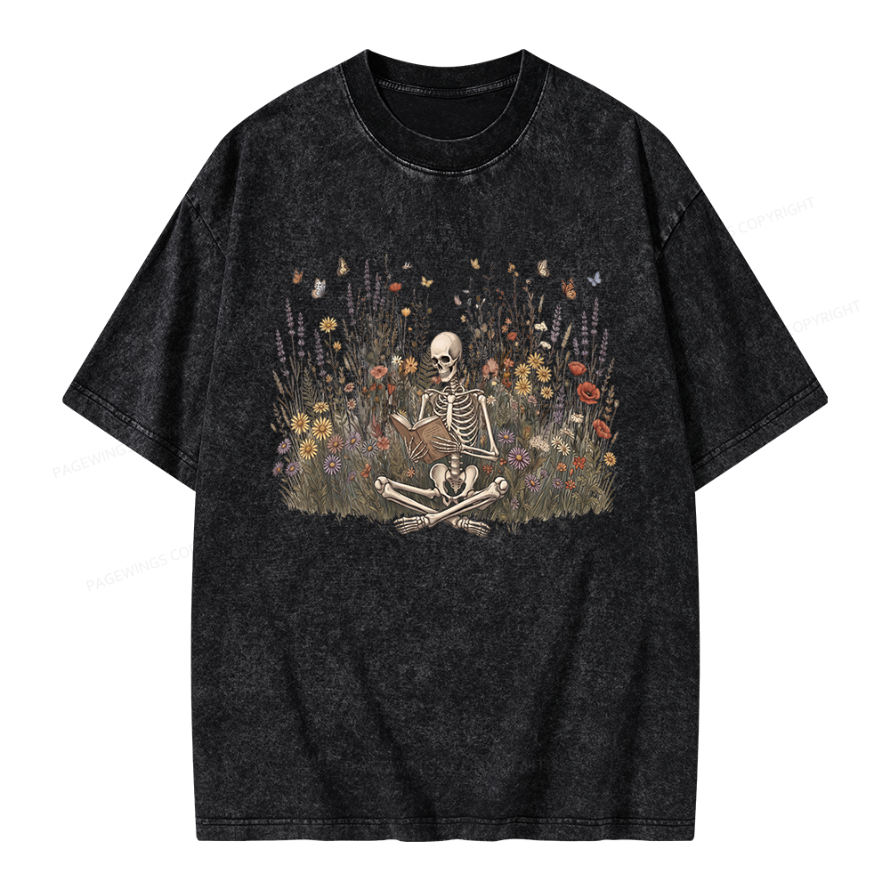 Pagewings Skeleton Reading Book Unisex Washed T-shirt