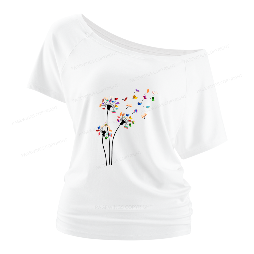 Pagewings Cute Dandelion Books Flower Fly Women Off Shoulder T-shirts