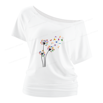 Pagewings Cute Dandelion Books Flower Fly Women Off Shoulder T-shirts