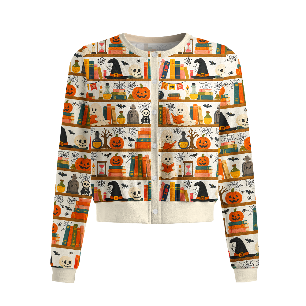 Pagewings Halloween Bookish Crew Neck Cardigan Sweaters