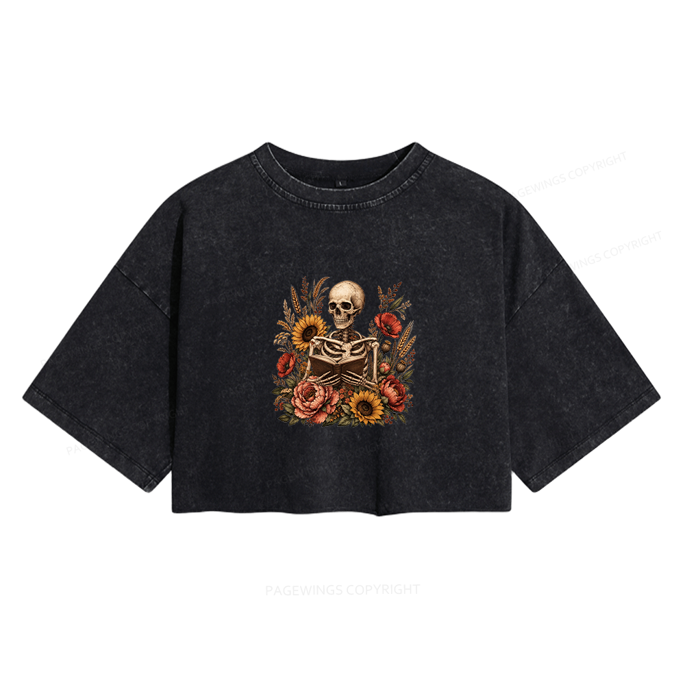 Pagewings Floral Skeleton Women's Washed Cropped T-shirt