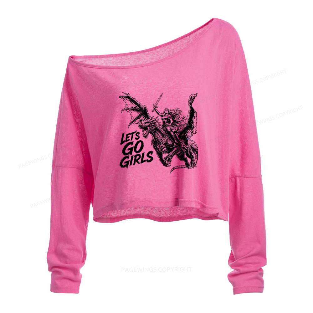 Pagewings Retro Dragon Rider Slouchy Long Sleeve Off Shoulder T-shirt