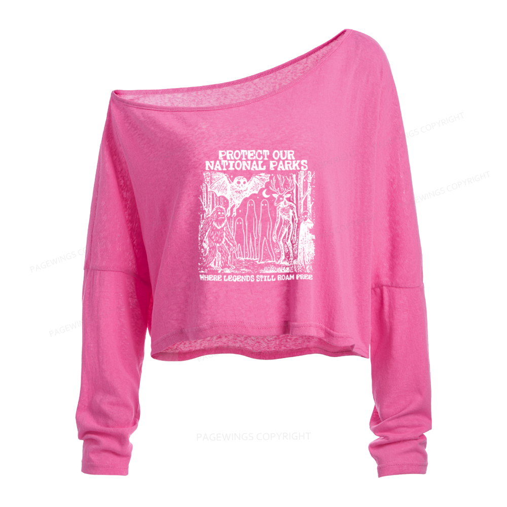 Pagewings Cryptid National Parks Slouchy Long Sleeve Off Shoulder T-shirt