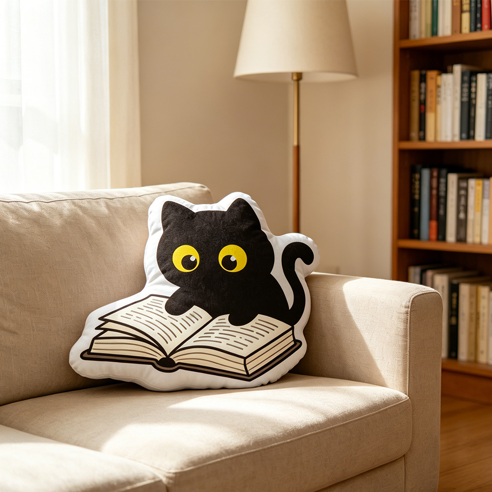 Pagewings Black Cat Reading Shaped Throw Pillow