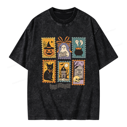 Pagewings Halloween Cute Ghost Pumpkin Cat Unisex Washed T-shirt