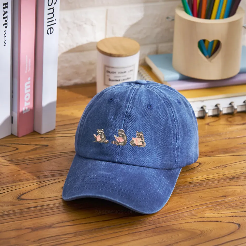 Pagewings Funny Raccoon Bookish Gift Washed Cap
