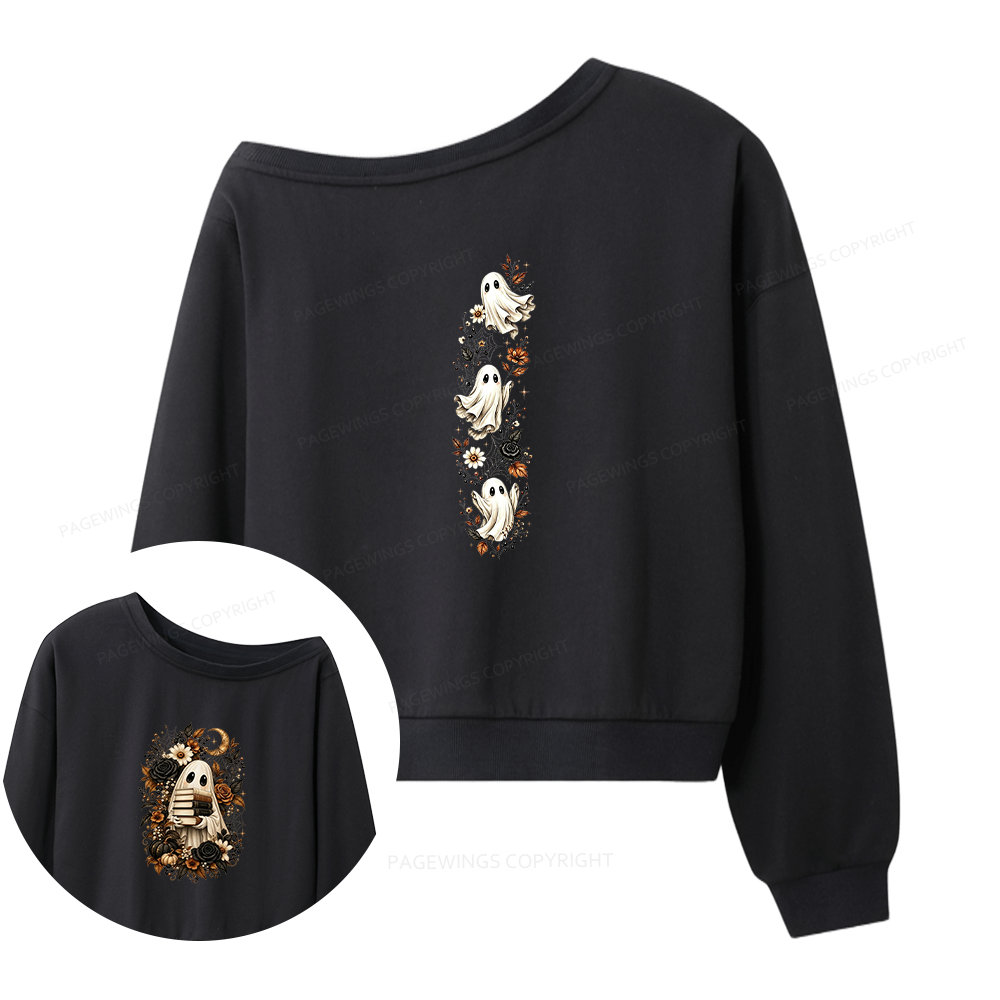 17173Pagewings Halloween Floral Ghost Bookish Women Off Shoulder Sweatshirt