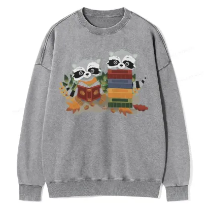 Pagewings Two Raccoons with Books Unisex Washed Sweatshirt