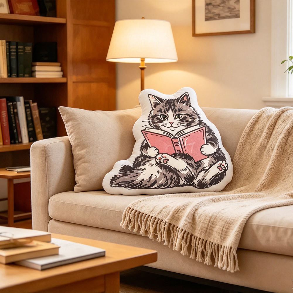 Pagewings Cats Reading Books Shaped Throw Pillow