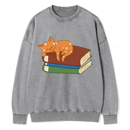 Pagewings Orange Book Cat Unisex Washed Sweatshirt