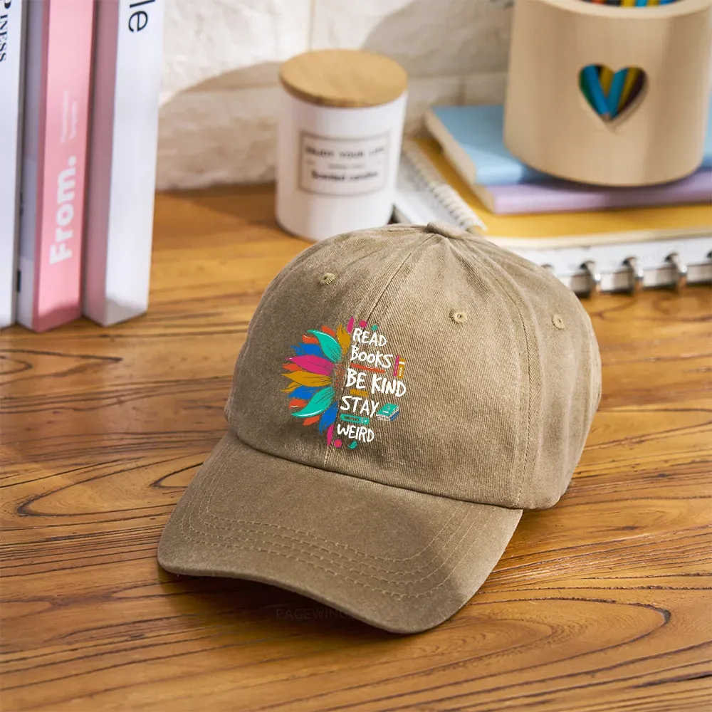 Pagewings Read Books Be Kind Stay Weird on Backpack Washed Cap