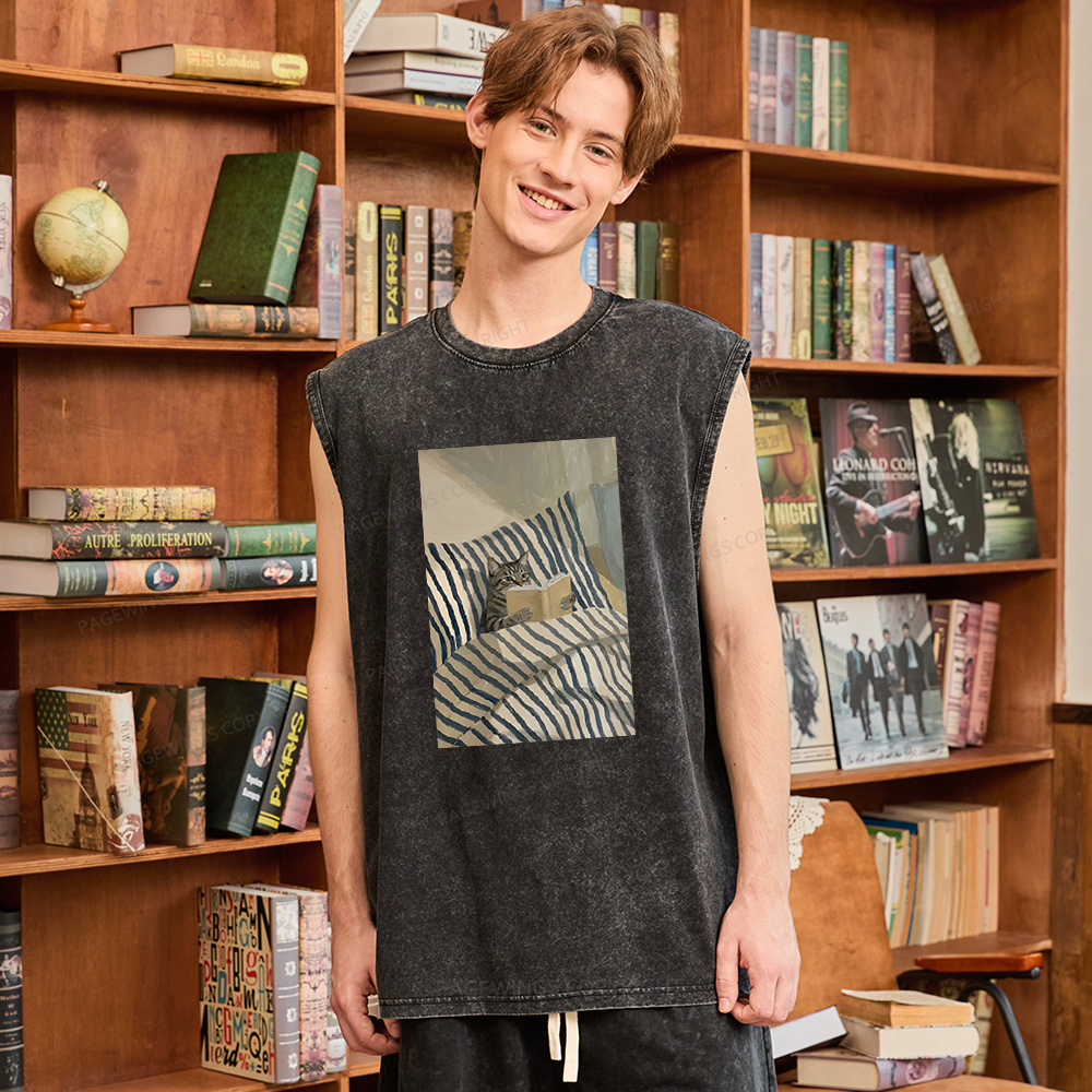 Pagewings Cat Reading Book Unisex Washed Tank Top