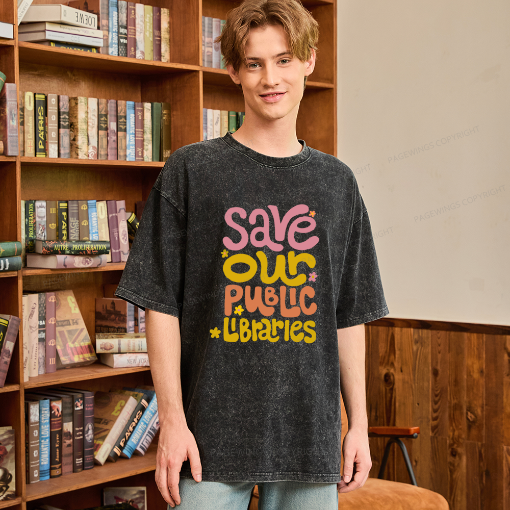 Pagewings Save Our Public Libraries Unisex Washed T-shirt