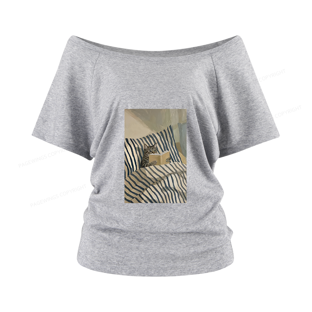Pagewings Cat Reading Women Off Shoulder T-shirts