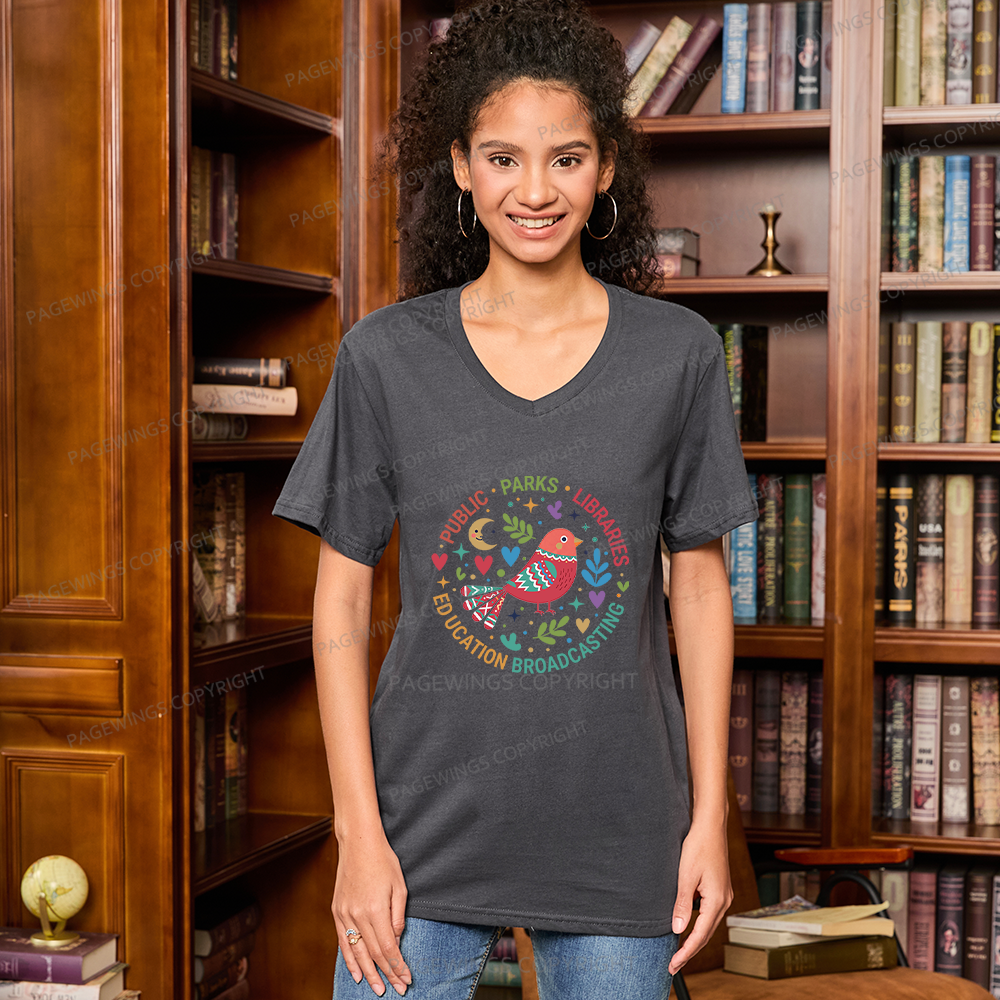 Pagewings Public Parks Libraries Education Broadcasting V-neck T-shirt