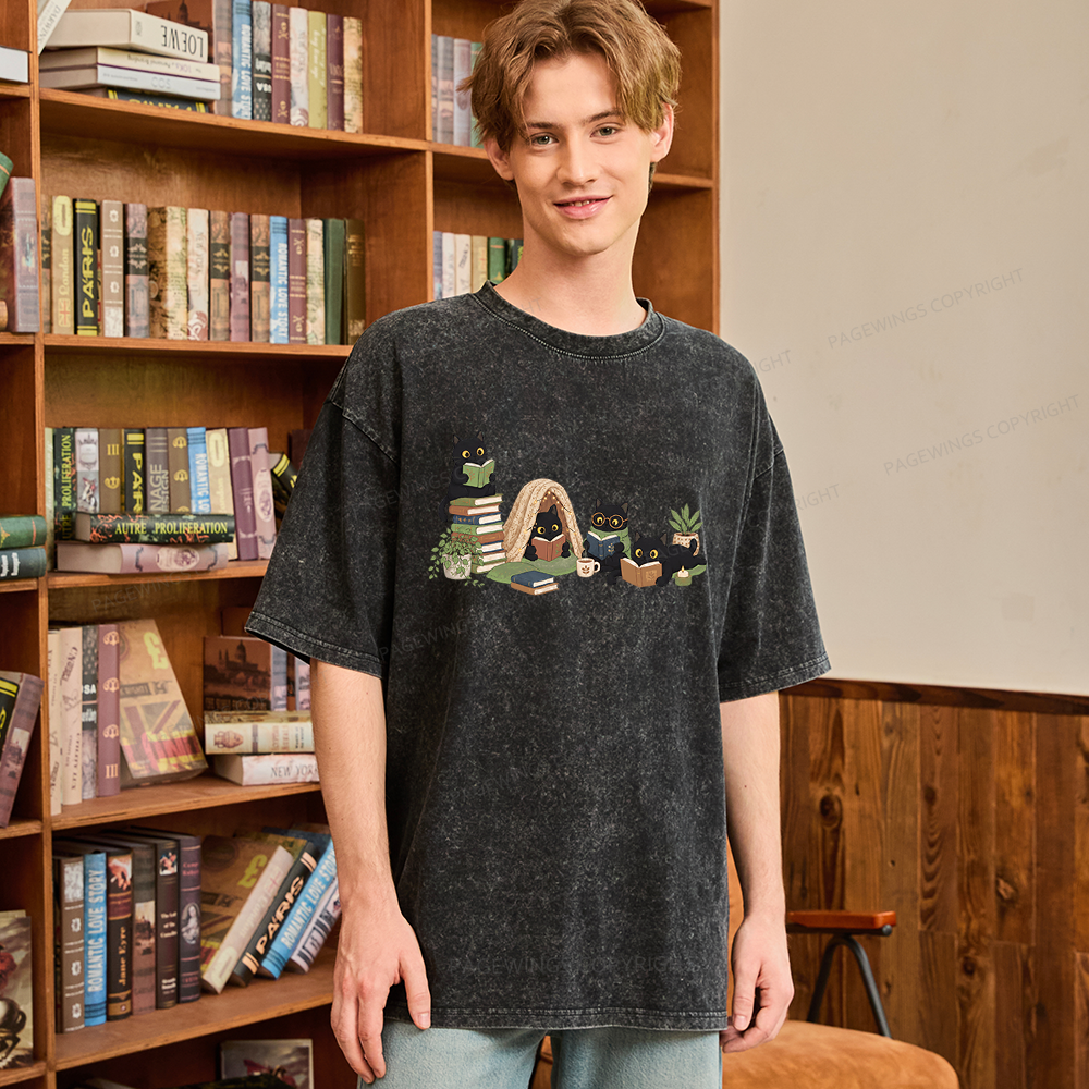 Pagewings Black Cat Reading Unisex Washed T-shirt