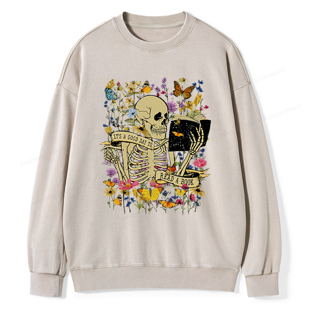 Pagewings Skull Skeleton Reading Book Unisex Washed Sweatshirt