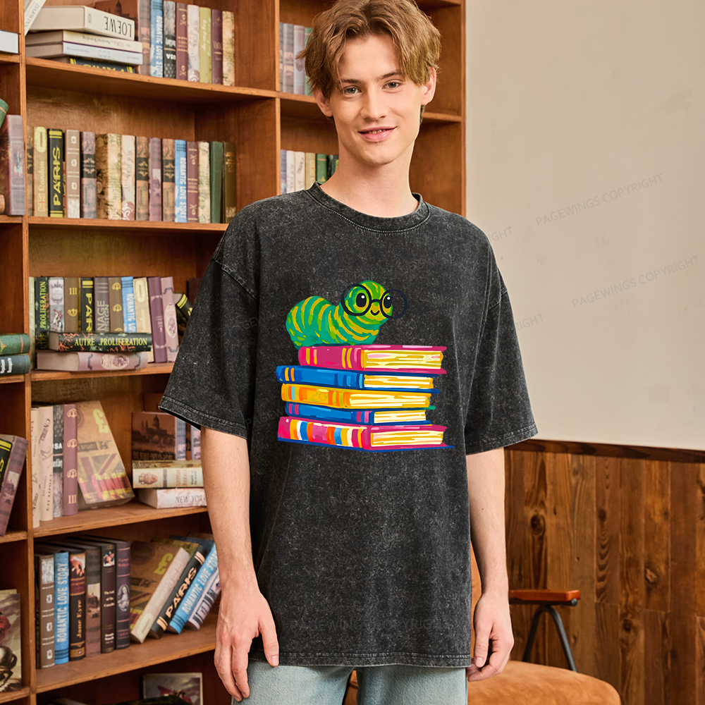 Pagewings Cute Reading Worm Unisex Washed T-shirt