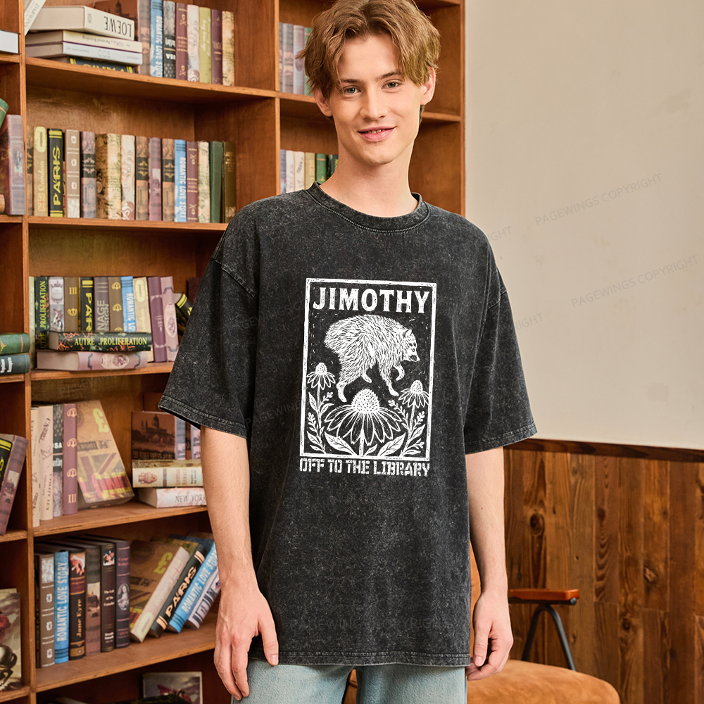 Pagewings Raccoon Meme Off To The Library Unisex Washed T-shirt