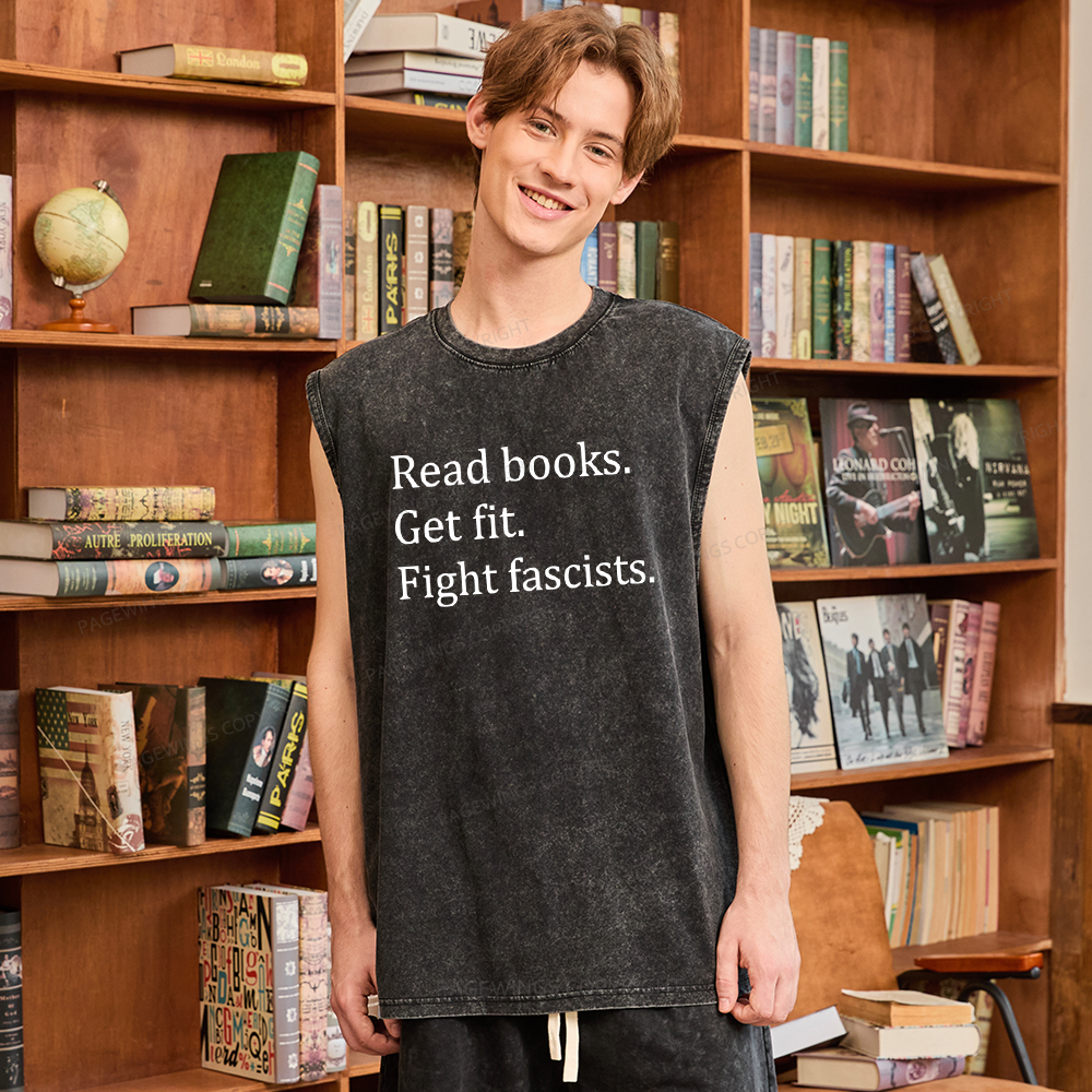 Pagewings Read Books Get Fit Fight Fascists Bookish Unisex Washed Tank Top