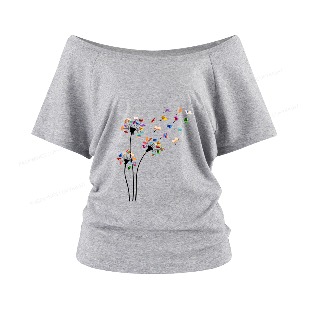 Pagewings Cute Dandelion Books Flower Fly Women Off Shoulder T-shirts