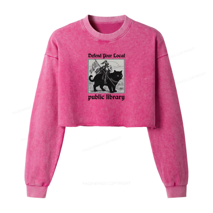 Pagewings Defend Your Local public library Women Washed Crop Sweatshirt