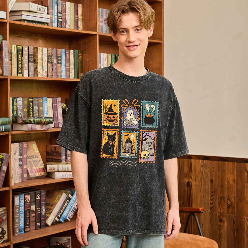 Pagewings Halloween Cute Ghost Pumpkin Cat Unisex Washed T-shirt