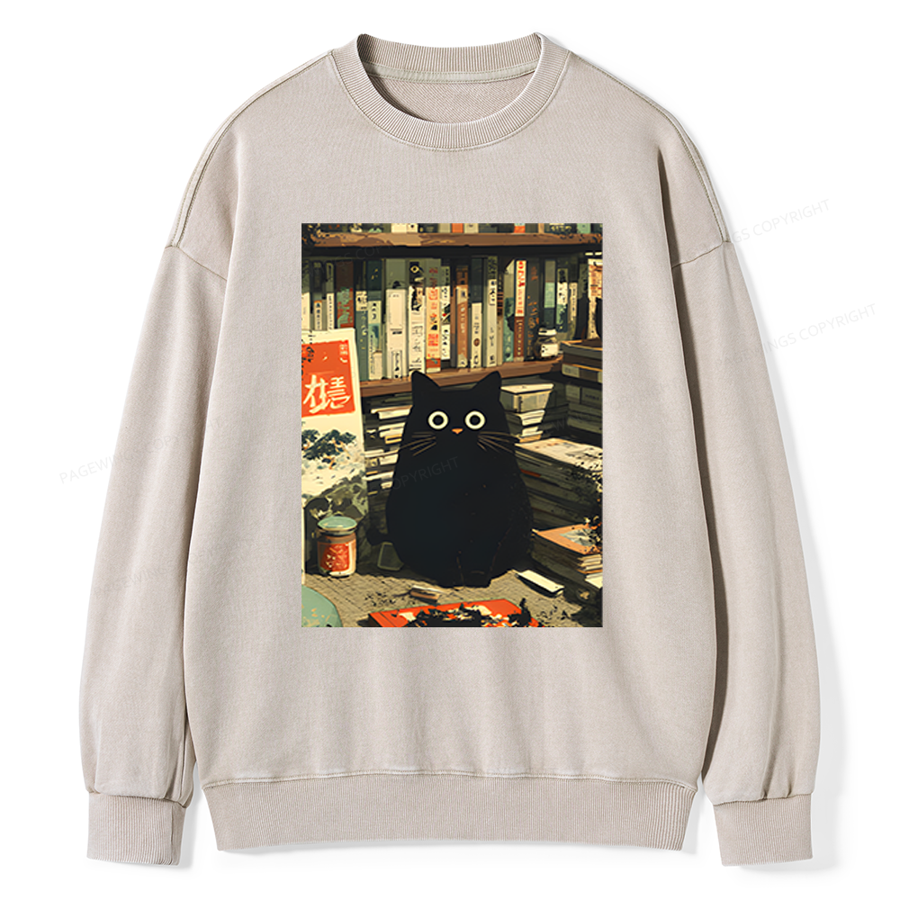 Pagewings Vintage Cat Book Lovers Unisex Washed Sweatshirt