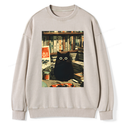 Pagewings Vintage Cat Book Lovers Unisex Washed Sweatshirt