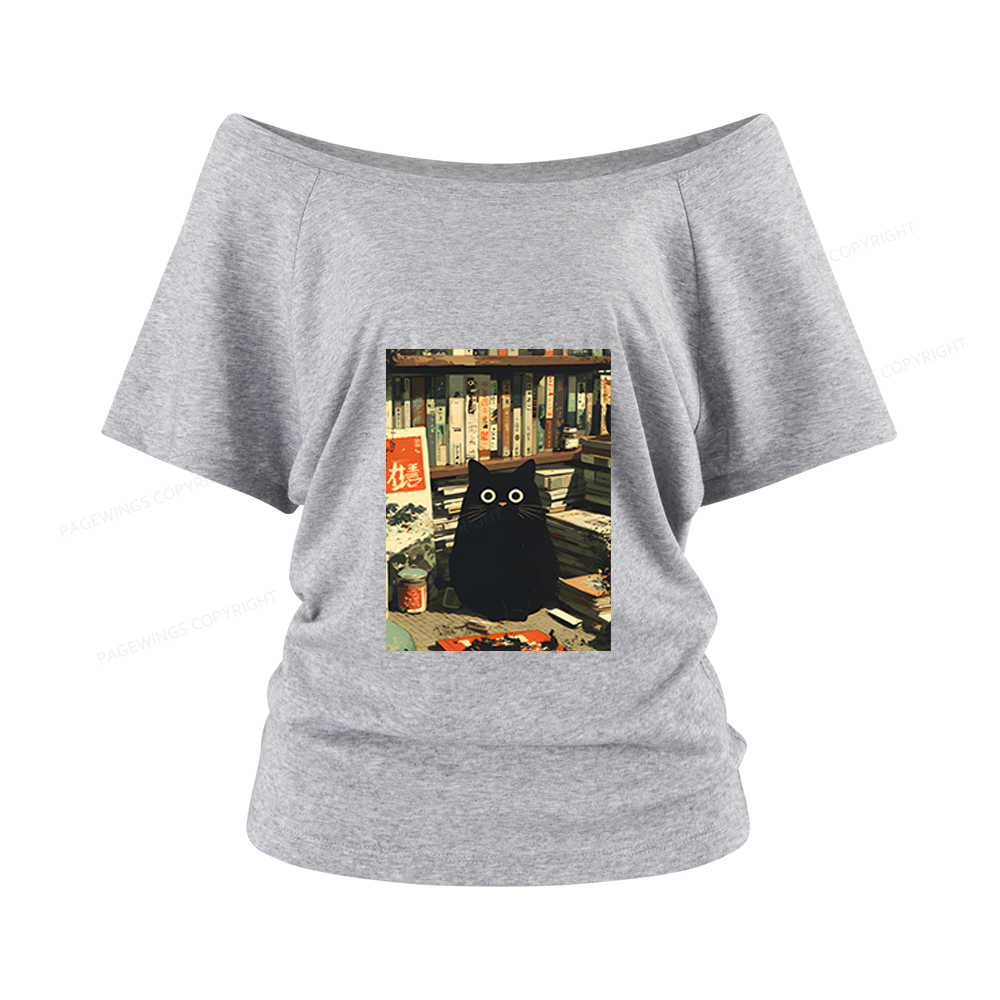 Pagewings Vintage Cat Book Lovers Women Off Shoulder T-shirts