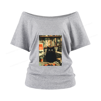 Pagewings Vintage Cat Book Lovers Women Off Shoulder T-shirts