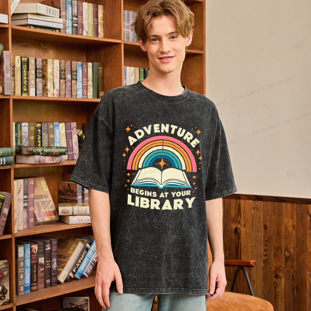 Pagewings Adventure Begins At Your Library Unisex Washed T-shirt