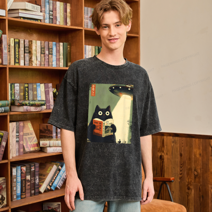 Pagewings Vintage Cat Book Lovers Unisex Washed T-shirt