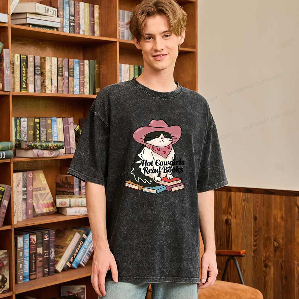 Pagewings Hot Cowgirls Read Books Unisex Washed T-shirt
