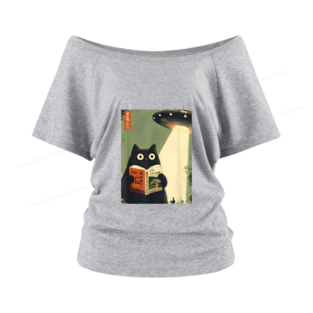 Pagewings Vintage Japanese Cat Book Lovers Women Off Shoulder T-shirts