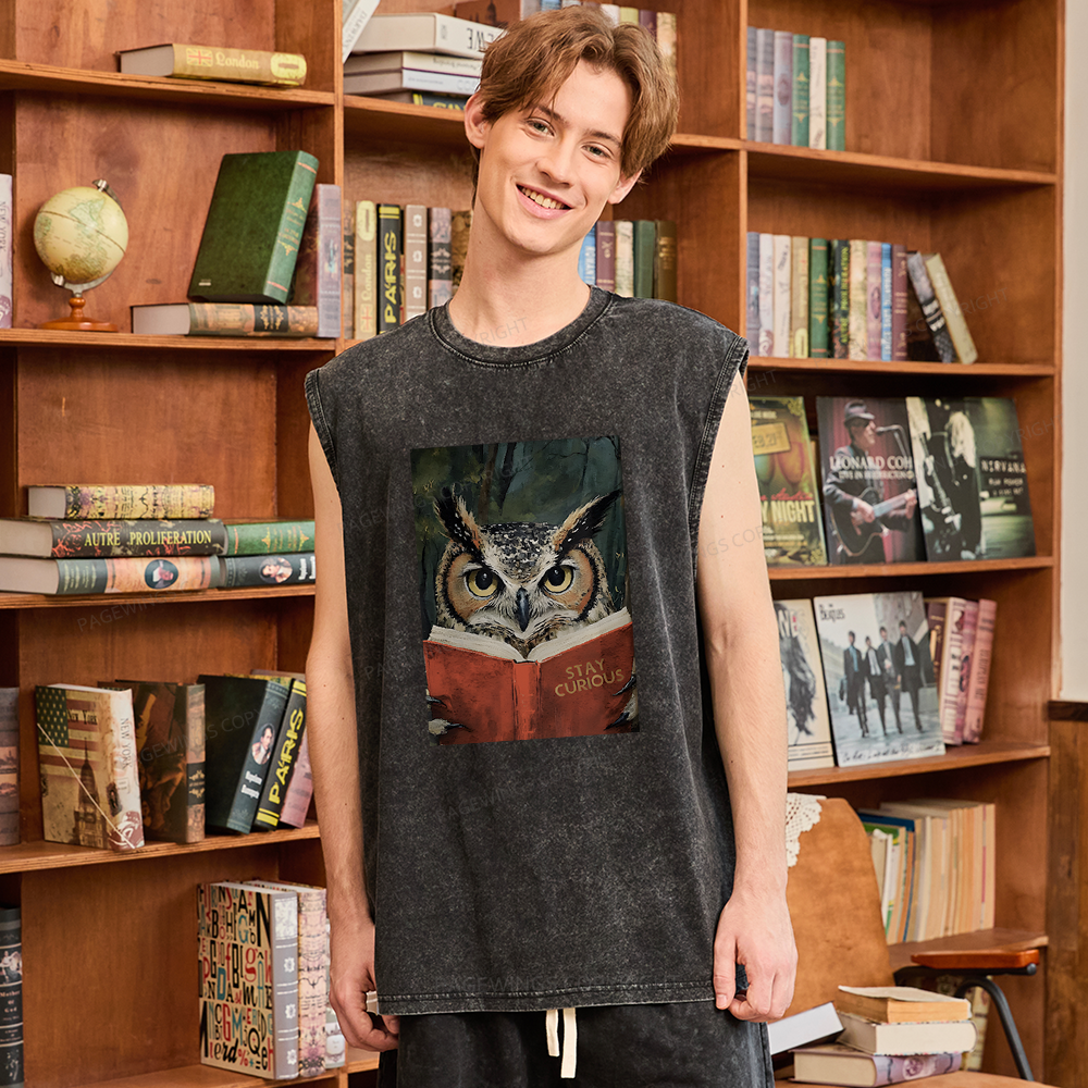 Pagewings Owl Reading Unisex Washed Tank Top