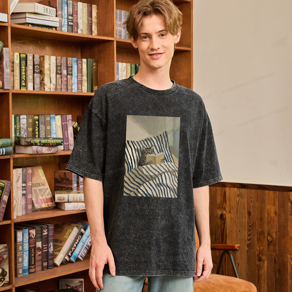 Pagewings Cat Reading Book In Bed Unisex Washed T-shirt