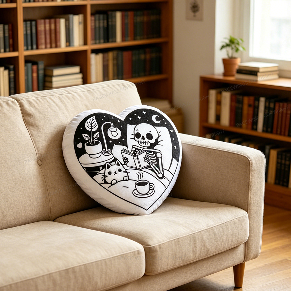 Pagewings Reading Skeleton and Cat Shaped Throw Pillow