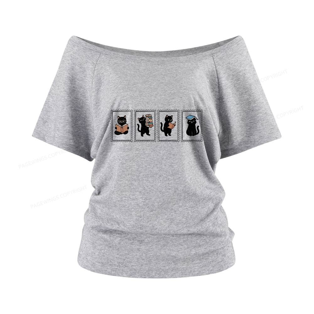 Pagewings Black Cats and Books Women Off Shoulder T-shirts