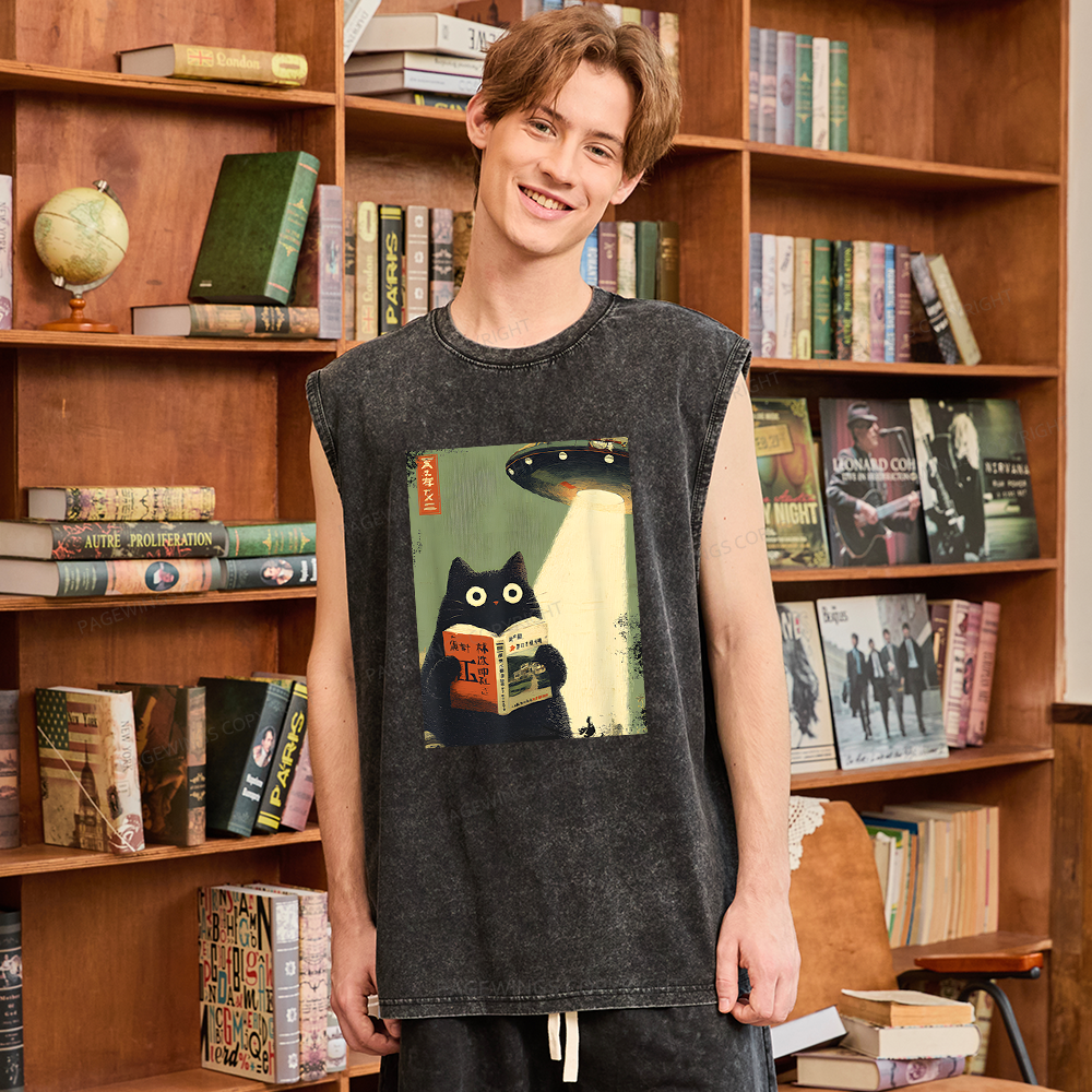 Pagewings Vintage Cat Book Lovers Unisex Washed Tank Top