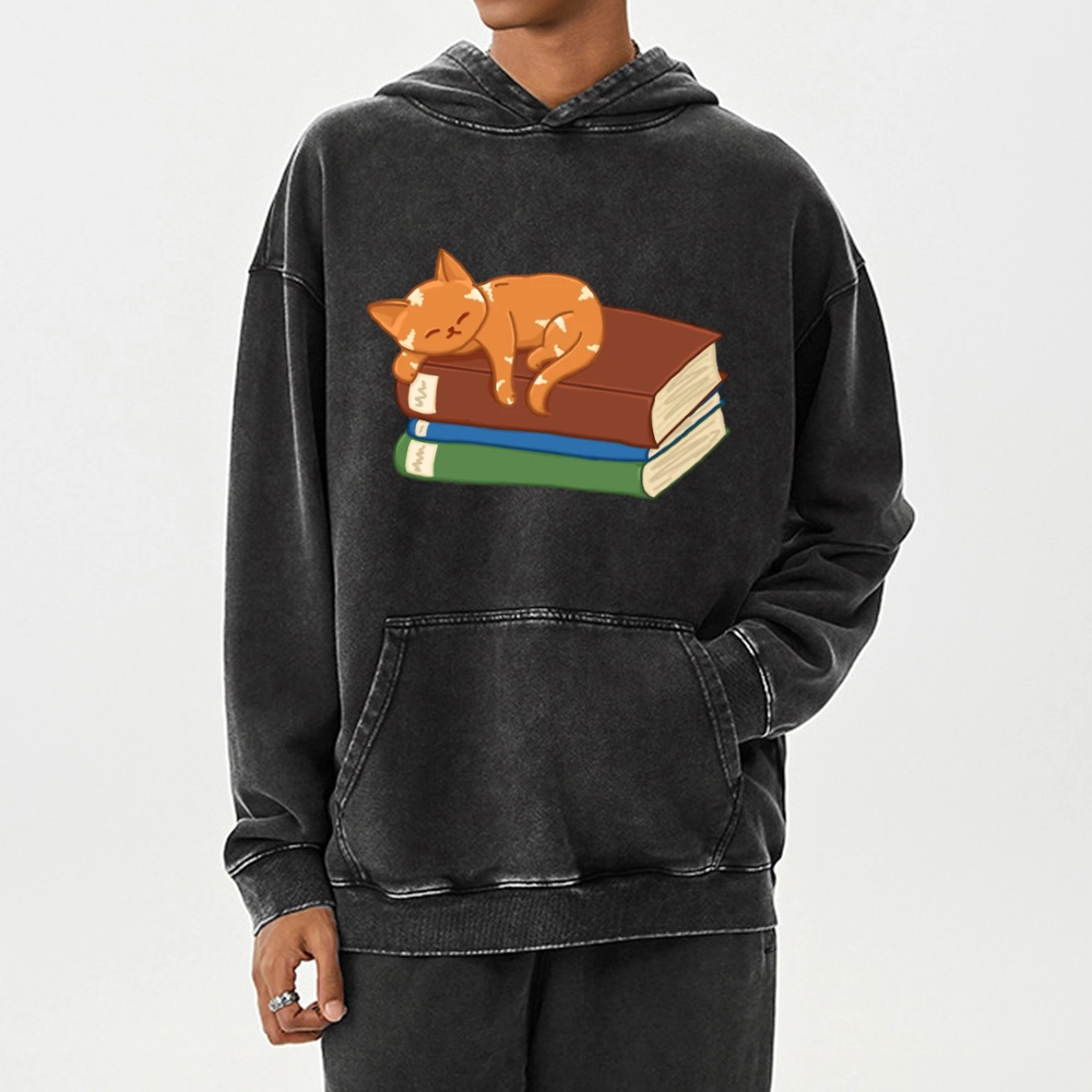 Pagewings Orange Book Cat Unisex Washed Hoodie