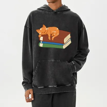Pagewings Orange Book Cat Unisex Washed Hoodie