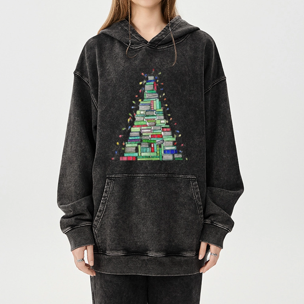 Pagewings Christmas Book Tree Unisex Washed Hoodie