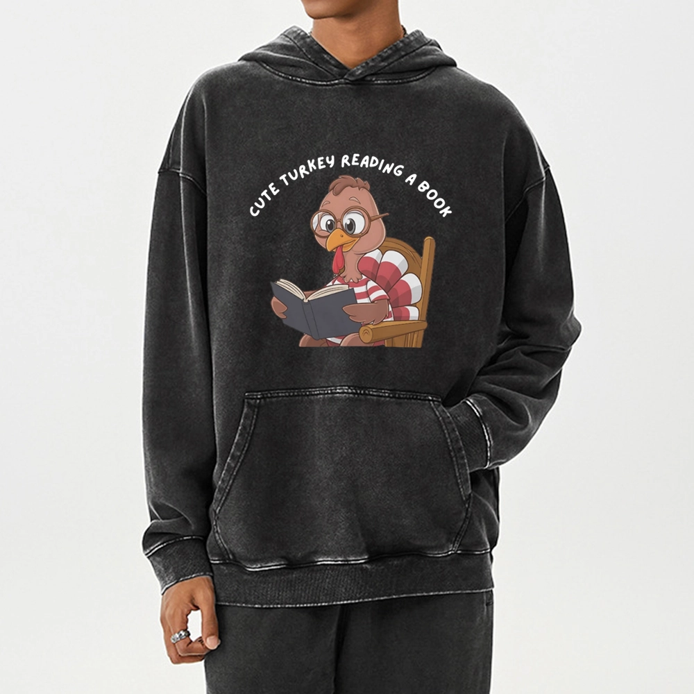 Pagewings Thanksgiving Turkey Reading A Book Unisex Washed Hoodie