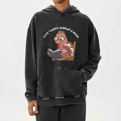 Pagewings Thanksgiving Turkey Reading A Book Unisex Washed Hoodie