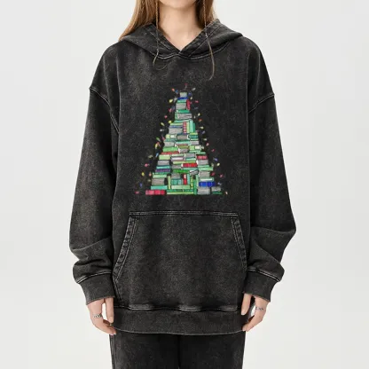 Pagewings Christmas Book Tree Unisex Washed Hoodie