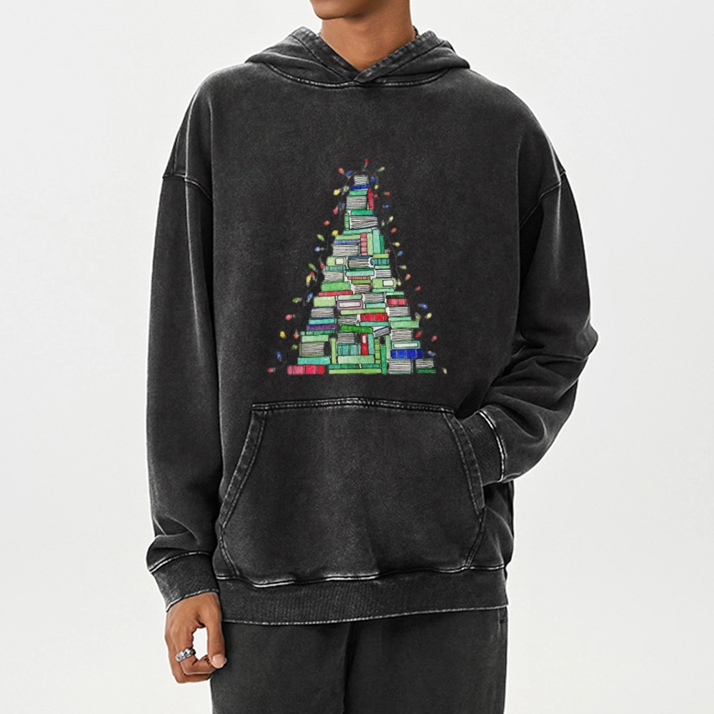 Pagewings Christmas Book Tree Unisex Washed Hoodie