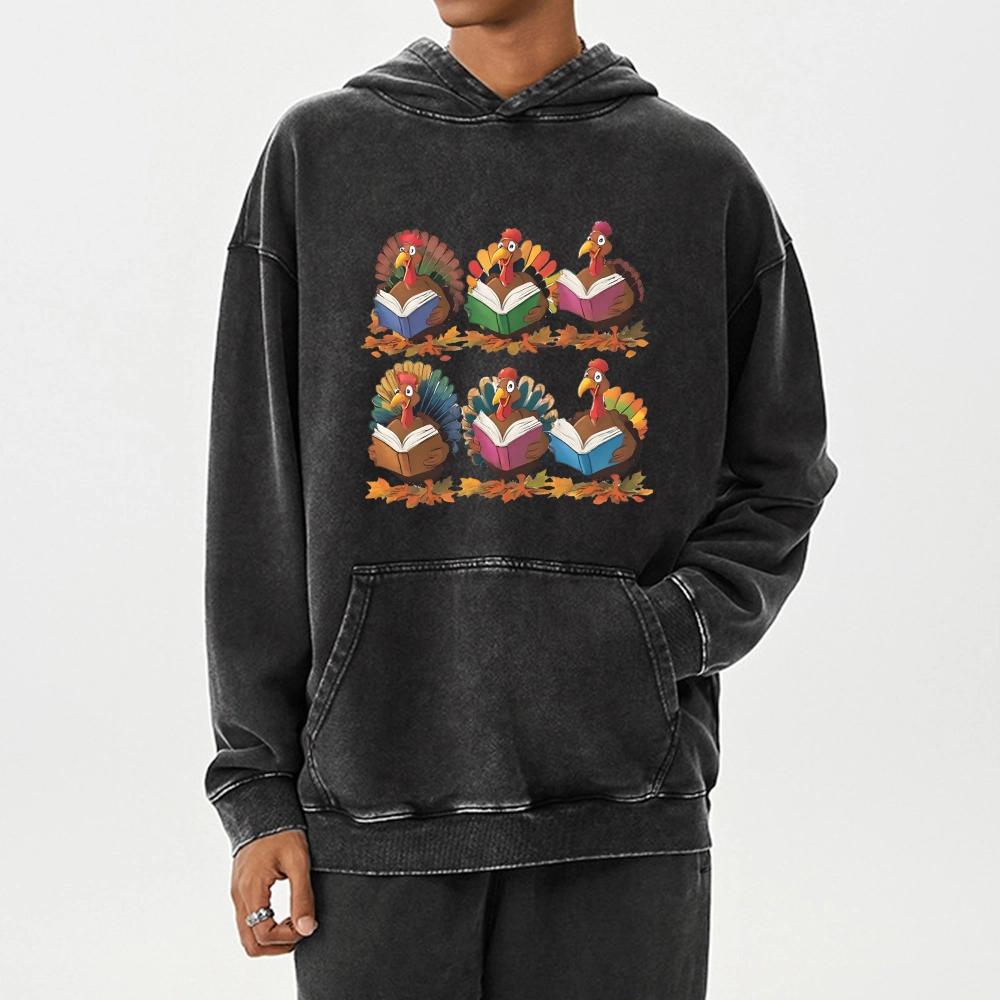 Pagewings Thanksgiving Fall Reading Turkey Unisex Washed Hoodie