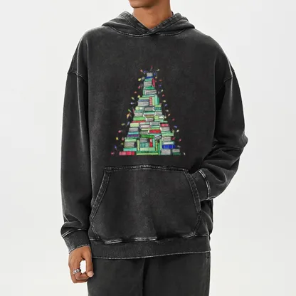 Pagewings Christmas Book Tree Unisex Washed Hoodie