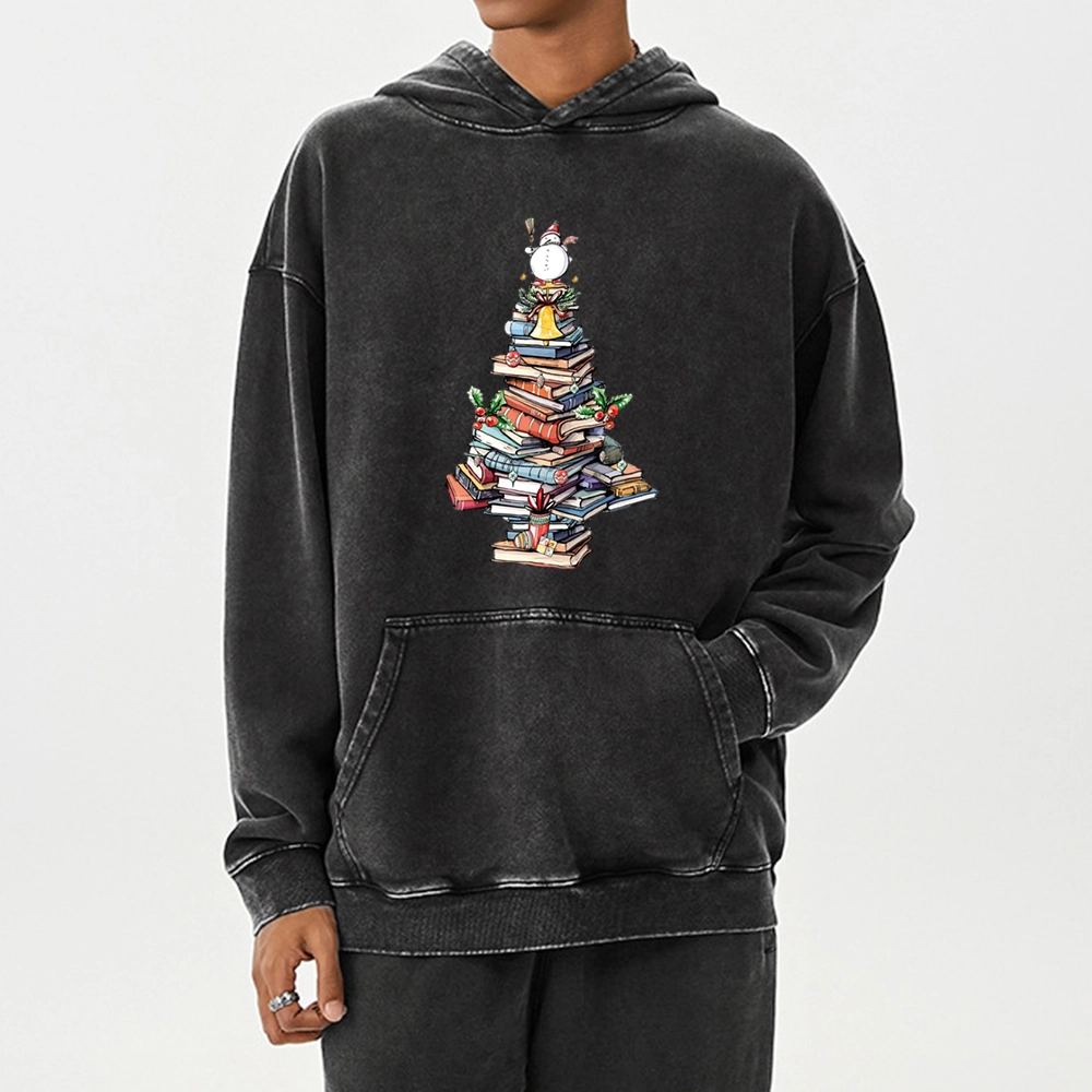 Pagewings Book Christmas Tree Unisex Washed Hoodie